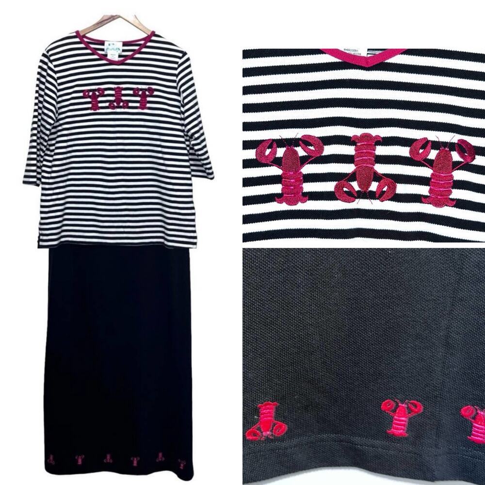 Vintage Quacker Factory Lobster Embroidered Striped Pique Knit Top Skirt Set MED
